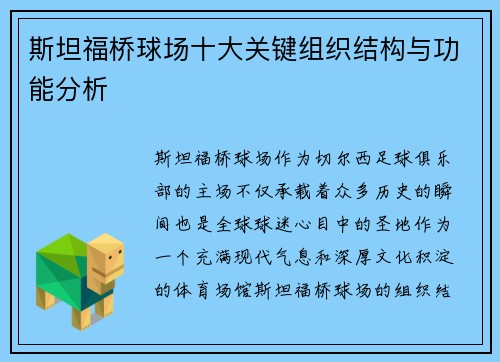 斯坦福桥球场十大关键组织结构与功能分析